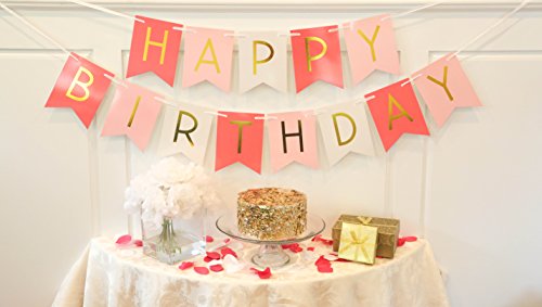 Pink & Weiß Dreifarbig Happy Birthday Geburtstags Banner mit goldenen Buchstaben – Geburtstag Dekoration – 18. 20. 30. 40. 50. - 3