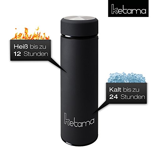 SCHWARZE THERMOSFLASCHE – doppelwandig mit TEESIEB 0,5l (500ml) EDELSTAHL gummiert – GUMMI beschichtet KLEIN & handliche TRINK-FLASCHE | Reise Isolier-Kanne | auch für BABYs & KINDER | BPA frei - 3