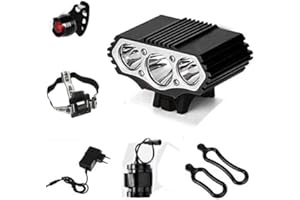 Constefire Linterna para Bicicletas - Luz LED Frontal para Manillar (3 focos, 6000 Lumens, 4 Modos) & 1 x Lámpara Trasera para Bici