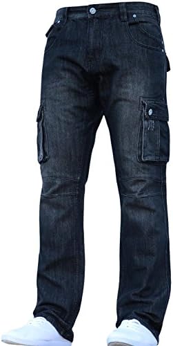 New Mens Designer Branded Heavy Duty multi Pocket Dark Cargo Combat Denim Jeans Pants All Waist &amp; Leg Sizes Black 42W X 32L
