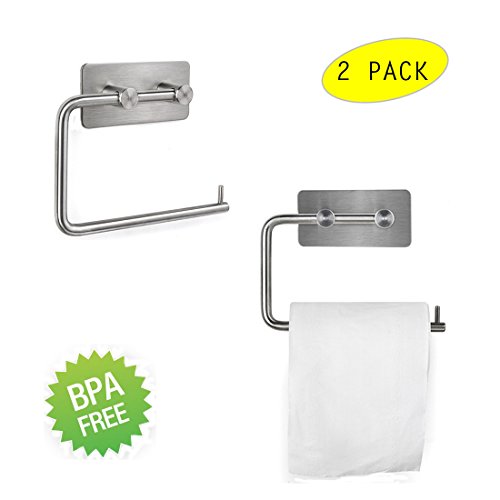 Wall Mounted Toilet Paper Roll Holder Stick by Abimars Self Adhesive with Brushed Stainless Steel Finish towel holder bathroom - Silver Pack of 2