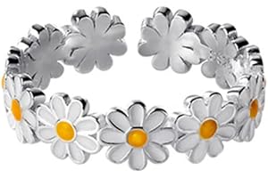 IMINI Bonitos anillos abiertos de margarita de plata de ley 925 ajustable con girasol, anillo de compromiso de boda, anillo de dedo para la eternidad, joyería delicada, regalos para mujeres y niñas,