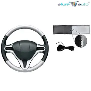 Allure Auto Leatherette stitchable Car Steering Wheel Cover Black and Silver with Thread and Needle for Renault Triber