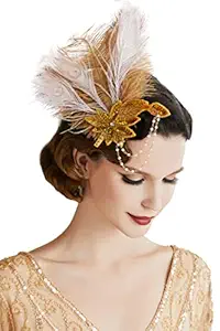 BABEYOND 1920s Flapper Hair Clip 20s Great Gatsby Headpiece Peacock Feather Clip 1920s Flapper Gatsby Hair Accessories (Champaign Gold)