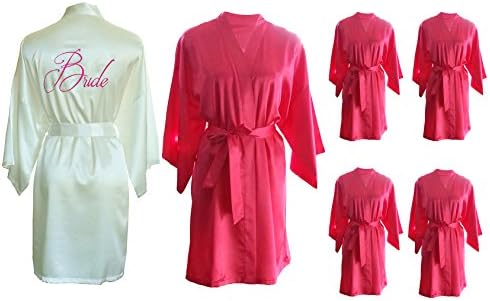 Party Pack Set of 6 Hen Party Getting Ready Robes, OSFM, Wedding Dressing Gowns for Bride/Bridesmaids, 5 Solid Bright Hot Pink Robes & 1 Ivory Satin Embroidered Bride Kimono Robe