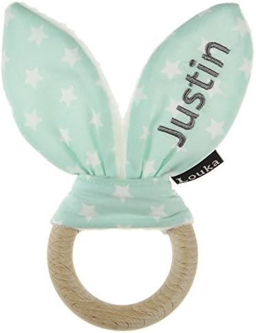 Mint Green Teether Bunny Ears with White Stars – Beech Wood and Fabric. Unisex Baby Children – Handmade.