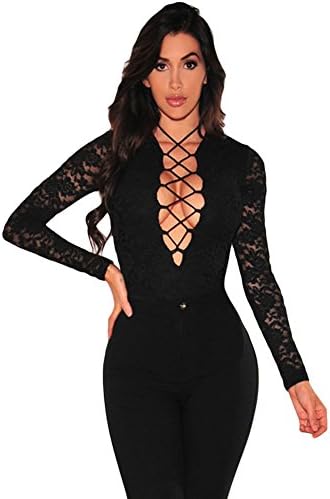 Sexy Lingerie - Pajamas-Black Long Sleeve Open Crotch Lace Deep V Neck Cut Tight-Fitting Body Suit Mini Lingerie , m