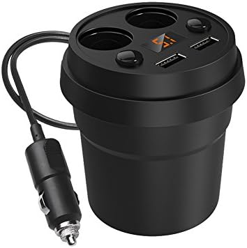 Car Charger, Tipsun Car Cup Charger with 2-Socket Cigarette Lighter Power Adapter Splitter, 12V-24V Car Power Adapter with Dual USB Ports and LED Display for Smart Phones, iPad, GPS (Black)