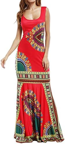 YYear Women's Dashiki African Prin Sleeveless Slim Fit Maxi Tank Dress Red M