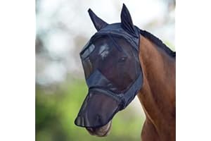 Horse Master Horse Fly Mask, Mesh Long Nose with Ears, Full Face, Black, Protection from Insect Pests (Full)