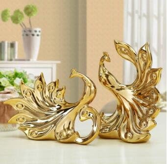 ALILEO Gold/ white silver ceramic Peacock statue home decor crafts room decoration ceramic handicraft ornament porcelain animal figurin,A