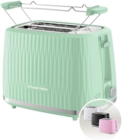 Russell Hobbs Tostapane 2 fette, 6 gradi di doratura, con Pinze, Scongela, Riscalda, Cancella selezione, Vassoio raccogli briciole, Riscalda panini, esterno testurizzato, Eden Pistacchio 27374-56