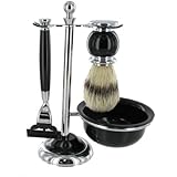 Shaving Set with Bristle Brush and Lathering Bowl in Black and Chrome Finish – Designed to Fit Mach 3 Blades