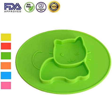 One-piece Silicone Placemat,Highchair and Travel Feeding Tray Portable Baby Suction Placemat Silicone Divided Plate Baby Weaning Food Plate Age 6 Months+,Green Kitty