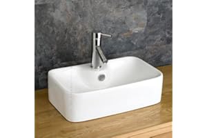 Clickbasin Narrow Bathroom Basin in White Ceramic | Shallow Countertop 49cm x 31cm Sink with an Internal Overflow is Ideally Sized for Narrow Spaces | Forli