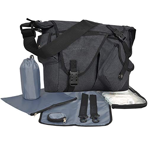 Preisvergleich Produktbild MEGA Baby Wickeltasche SET von KEANU :: Umhängetasche inkl. Wickelmatte, Kinderwagen Fixierung Karabiner, Windelbeutel, Thermo Iso Flaschentasche, Schnuller Etui (Dark Grey)