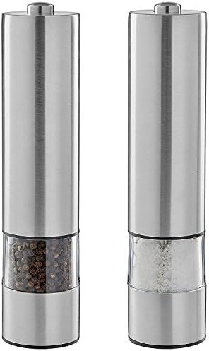 Pepper Grinder Mill Automatic Electric Stainless Steel Pepper Mill &amp; Salt Grinder Set with LED Light Silver 2 Pack