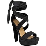 plateau heels 43 Außenmaterial: Synthetisch DAMEN KRAWATTE SCHNÜR STIEFEL HIGH HEELS BLOCK PLATEAU PARTY OFFEN SCHUH GRÖßE - Damen, Schwarz Kunstwildleder, 37