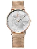 Alienwork Damen-Armbanduhr Quarz Rose-Gold mit Milanaise Mesh-Armband Edelstahl Weiss Perlmutt Ultra-flach Slim-Uhr elegant