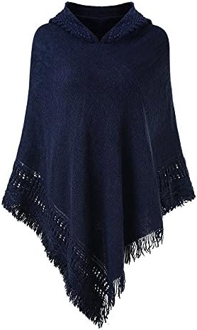 Sefilko Lady's Knitted Tassels Hooded Shawl Poncho Cape with Fringed Hem for Women