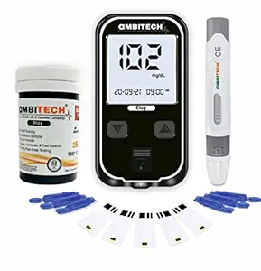 AMBITECH Elizy Blood Glucose Meter Kit with 25 strips and 25 lancets ( Made in India ) ( Life time warranty) Glucometer (Black)