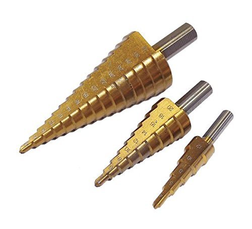 FeelGlad(TM) Professionelle HSS TiN Profi Stufenbohrer im 3er-Set: 4-12mm/ 4-20mm/ 4-32mm Schälbohrer Konusbohrer Kegelbohrer Fräser – Gold - 3