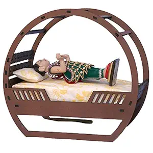 LOMESH Laddu Gopal Wooden Bed with Mattress and Pillow Doll Bed Baby Kids Toys Wooden Cot, Washable Charpai Convertible Desk Light Weight Beautiful Plywood Traditional Home Decor - Brown Color