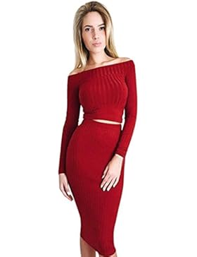 ZEZKT Schulterfrei Frauen Langarm Tops + Bodycon Rock Zwei Stück Lässige Einfarbig Bodycon Bekleidungssets Business...