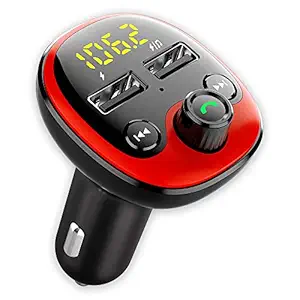 CRUST Car Bluetooth Device with Call Receiver for Music System, FM Transmitter for Hands Free Calls & Music Streaming with Dual USB Fast Charger; MicroSD & USB Audio Playback - Red