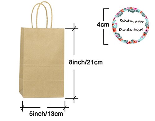 Super44day 24 Papier Beutel Papiertütchen Geschenktaschen Papier Partytüten Party Beutel mit Griffe und 24 runde Aufkleber für Geschenke verpacken,Hochzeit, Geburtstag, Taufe , Bonbons und Party Geburtstag Gastgeschenke -Geschenktüten Set „Schön, dass Du da bist“ - 2
