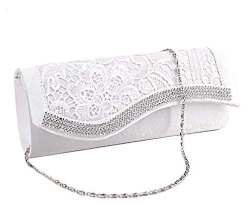 Clorislove, borsetta pochette da sera, con rivestimento in pizzo e diamante, all'uncinetto, da donna, in raso, da sposa  White Small 
