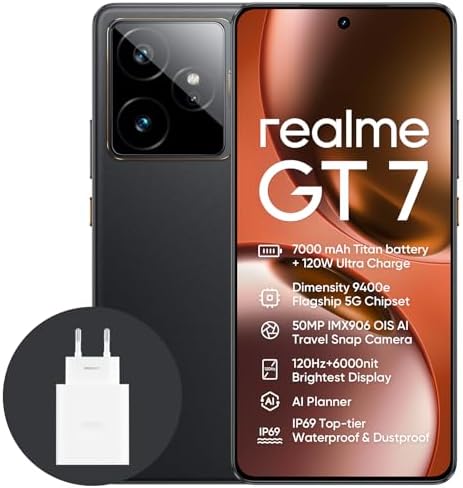 realme GT7 5G Smartphone,12+256GB,Batteria 7000mAh,120W charge,Processore Dimensity 9400e, Fotocamera IMX906 50MP, AI Planner, Display Pro-Esports da 6000 nit 120Hz,IP69,nero, esclusiva Amazon
