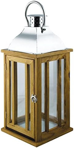 52cm LARGE Wood &amp; Chrome Lantern Candle Holder ~ Garden or Indoor
