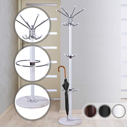 MIADOMODO Perchero de Pie con Paragüero - 16 Ganchos para Colgar, 172 cm de Alto, en Blanco - Percheros de Pasillo, Garaje, Vestíbulo, Oficina y Armario