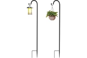 QIZENME 2 Pack Shepherds Crook Hooks, Adjustable Height Shepherds Hooks with Base, 76 cm/29.64 in Metal Border Hook for Garden Lights, Lanterns,Plant Baskets (Black)