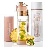 botella infusion frutal Hecha de Tritan Mami Wata botella de agua con infusor de frutas - Caja de regalo - Único diseño elegante - libre agua con infusión de frutas recetas eBook y aislante funda - martillo, Rose gold