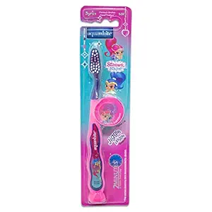 aquawhite SHIMMER & SHINE Jiggle Wiggle Toothbrush with 2 D Shimmer & Shine Image on Hygiene Cap, Suction Cup & Tongue Cleaner (Pink)