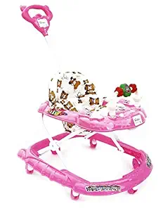 EVOHOME Smart Musical Round Toddler Baby Walker with Comfy 3-in-1 Height Adjustable Activity with Light and Musical Toy Bar and Ultra Soft Seat for Kids with Parent Handle (Pink)