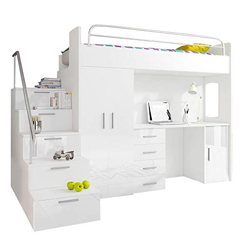 Ye Perfect Choice HIGH BED TALA 4S", MODERN SET WITH WARDROBE, DESK AND BED WITH MATTRESS, FUNCTIONAL DESIGN, HIGH GLOSS INSERTS (All in White)