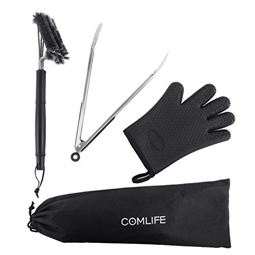 COMLIFE Grillbesteck 3-teilig Set mit rostfreiem Edelstahl Zange, Reinigungsbürste