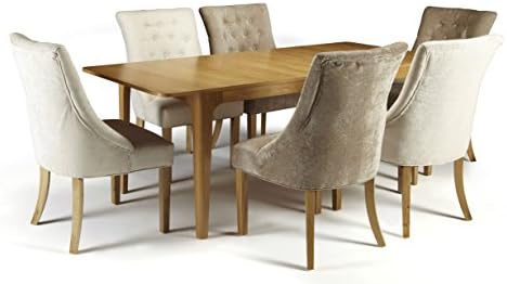 Wandsworth Extendable Oak Rectangular Self-Stroing Leaf Table &amp; 6 Hampton Pearl Pure Chenille Fabric Chairs with Oak Legs - Dining Room Sets Ideal for Modern Kitchens &amp; Dining Rooms