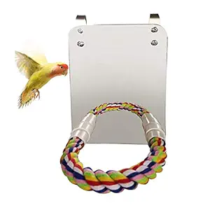 kathson Bird Perch Stand Cotton Rope with Mirror, Parrot Swing Toys Paw Grinding Birdcage Stands for Small and Medium Parakeet Budgies Cockatoo African Greys Macaw