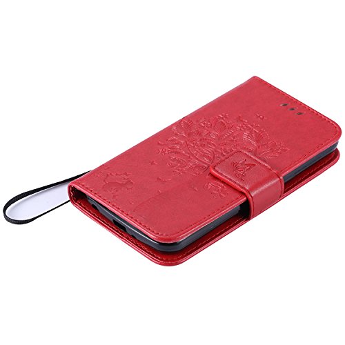 LG K4 Hülle Rote im Retro Wallet Design,Cozy Hut LG K4 Hülle Leadertasche Premium Lederhülle Flip Case im Bookstyle Folio Cover Kartenfächer Magnetverschluss und Standfunktion Leder Schale Etui für LG K4 (4,5 Zoll) Handytasche Schutzhülle Katzen und Bäume Muster – Rote - 3