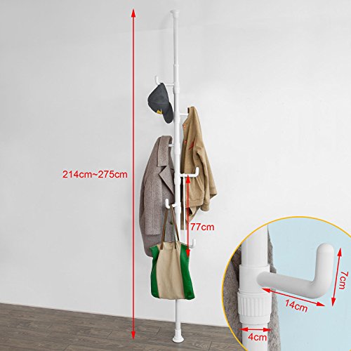 SoBuy® Garderobe, Kleiderständer, Garderobenständer mit 6 Haken, ohne Bohren Verstellbar, 214cm-275cm hoch, weiß, FRG159-W - 4