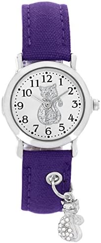 Children's Analog Quartz Wrist Watch Girls and Teen Cat Pendant Charm Text Ilarm Purple 20177