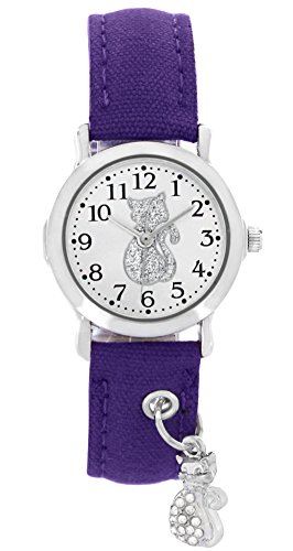 Children's Analog Quartz Wrist Watch Girls and Teen Cat Pendant Charm Text Ilarm Purple 20177