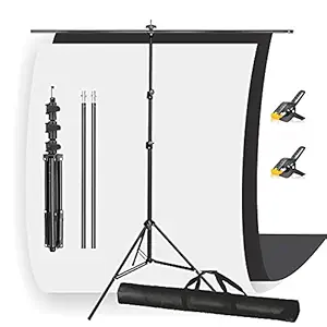 Boltove 6x10 ft White and Black Screen T-Shape Background Kit - 6x9FT Photography Backdrop with 1PC 6.5FT x 9FT T-Shape Backdrop Stands, 2PCs Spring Clamps, 1PCs Carry Bag