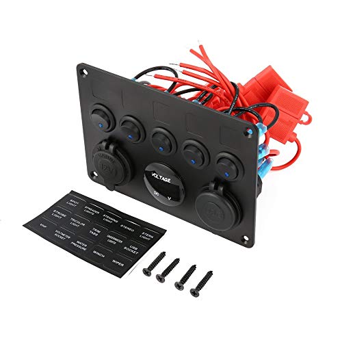 Jullyelegant Panneau de Commande de commutateur à Bascule Professionnel de 5 Groupes avec Voltmètre numérique 2 Chargeur USB 12V pour Bateau de Voiture Marine