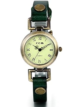 JewelryWe Damen Armbanduhr, Vintage Leder Armband Armreif Quarz Analog Uhr mit Runde Digital Zifferblatt, Grün