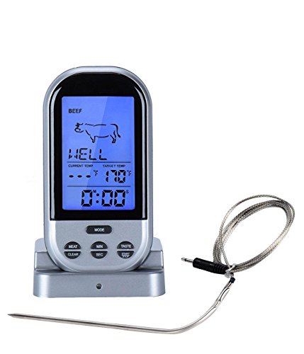 MokiroBBQ Meat Food Thermometer with Built-in Timer Long Range Stainless Steel Probe Wireless and Digital For Smoker Grill Oven Meat (Silver)
